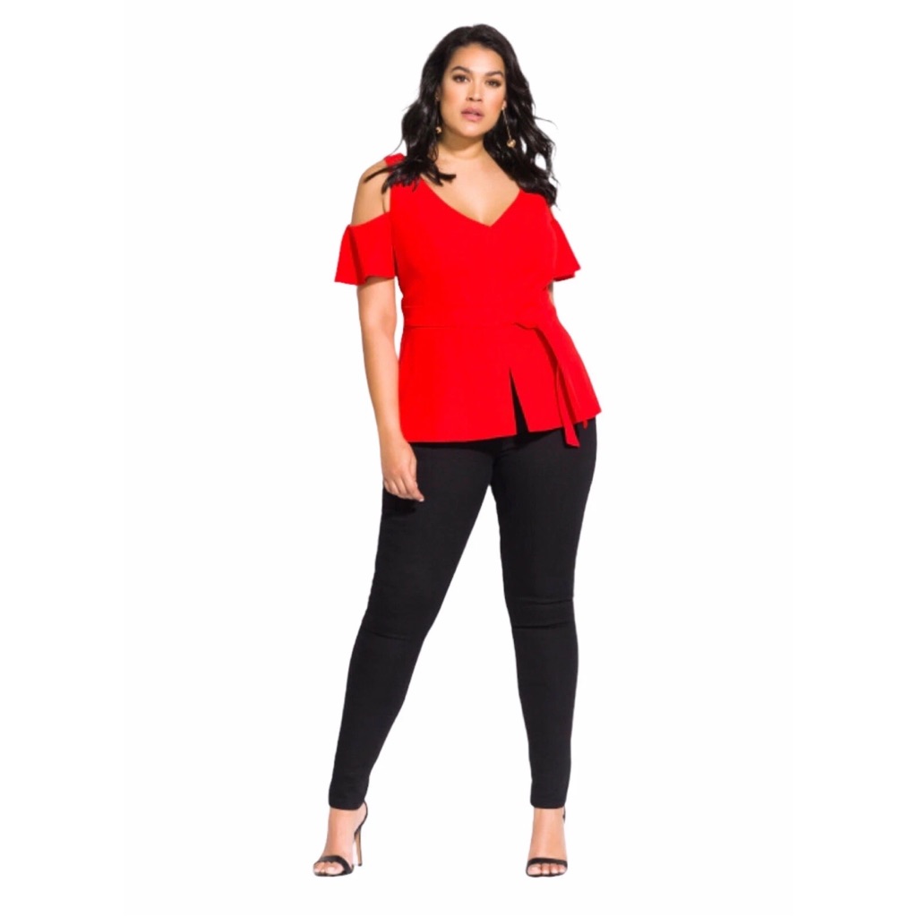 City Chic Top Match Maker Tiger Lily Cold Shoulder Peplum Top